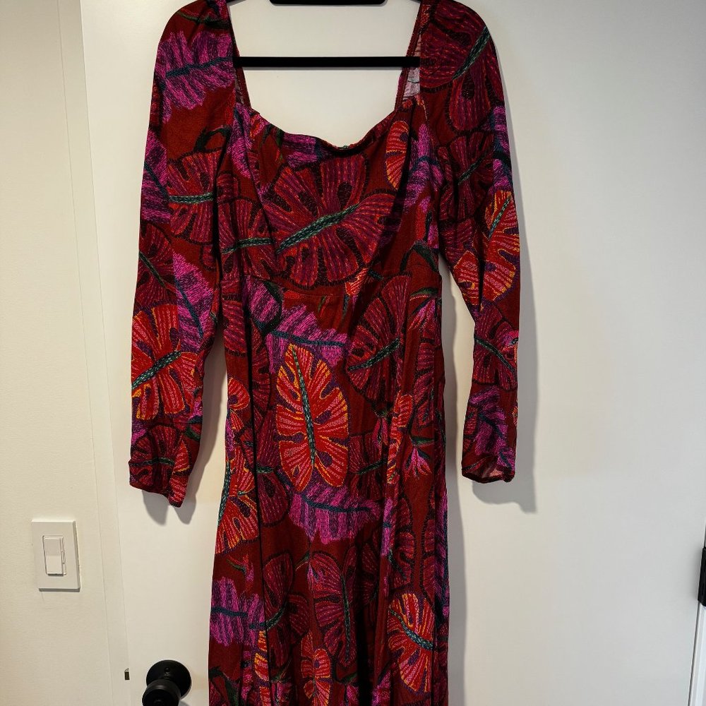 FARM Rio Red and Pink Floral Midi Dress